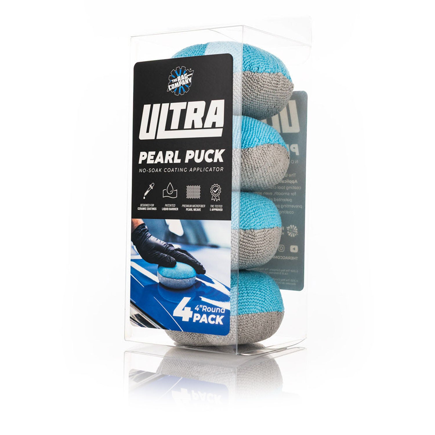 Packaging of Ultra Pearl Puck with four blue and gray pucks on a white background