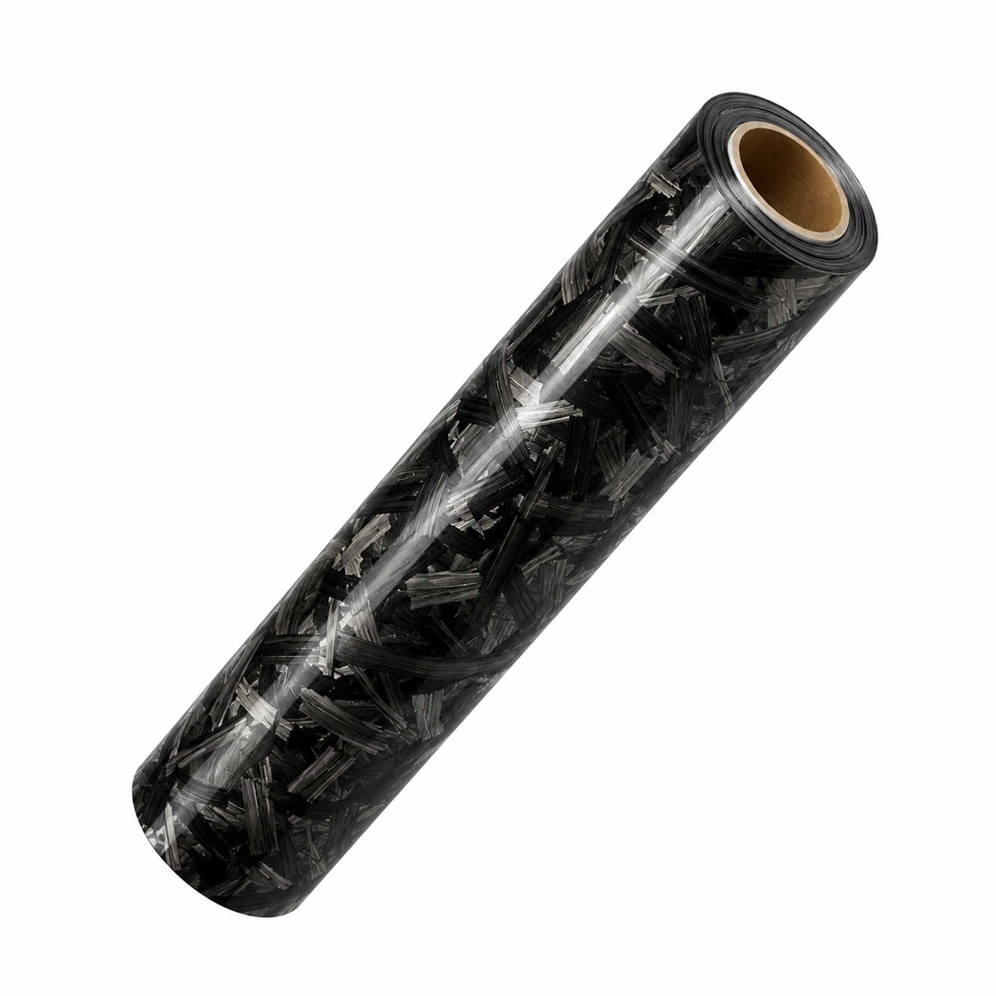 A roll of black forged PPF featuring a carbon fiber pattern, shown on a plain white background.