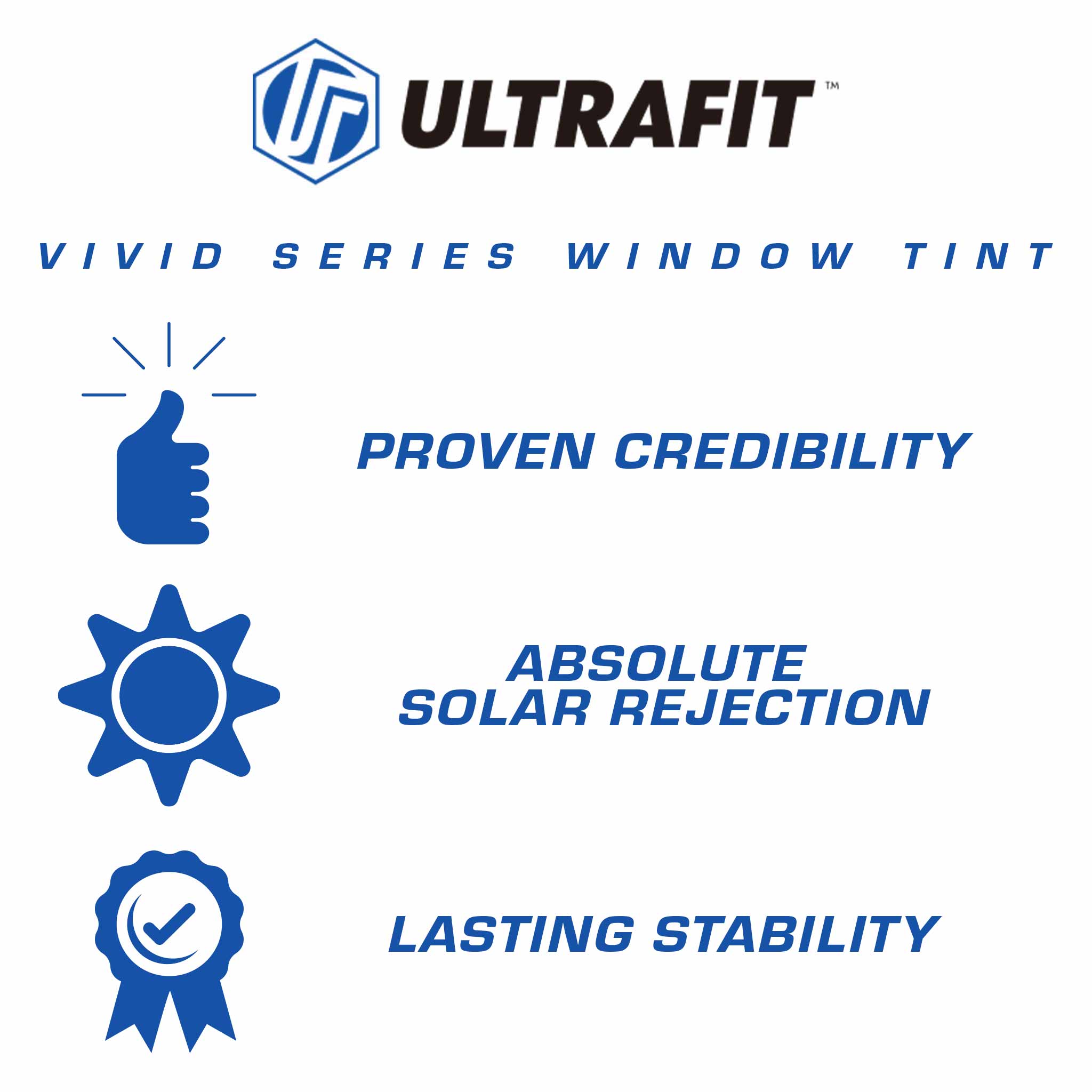 Promotional graphic for ULTRAFIT Vivid Series Window Tint, featuring the ULTRAFIT logo at the top and three blue icons with text reading 'Proven Credibility,' 'Absolute Solar Rejection,' and 'Lasting Stability' on a white background.