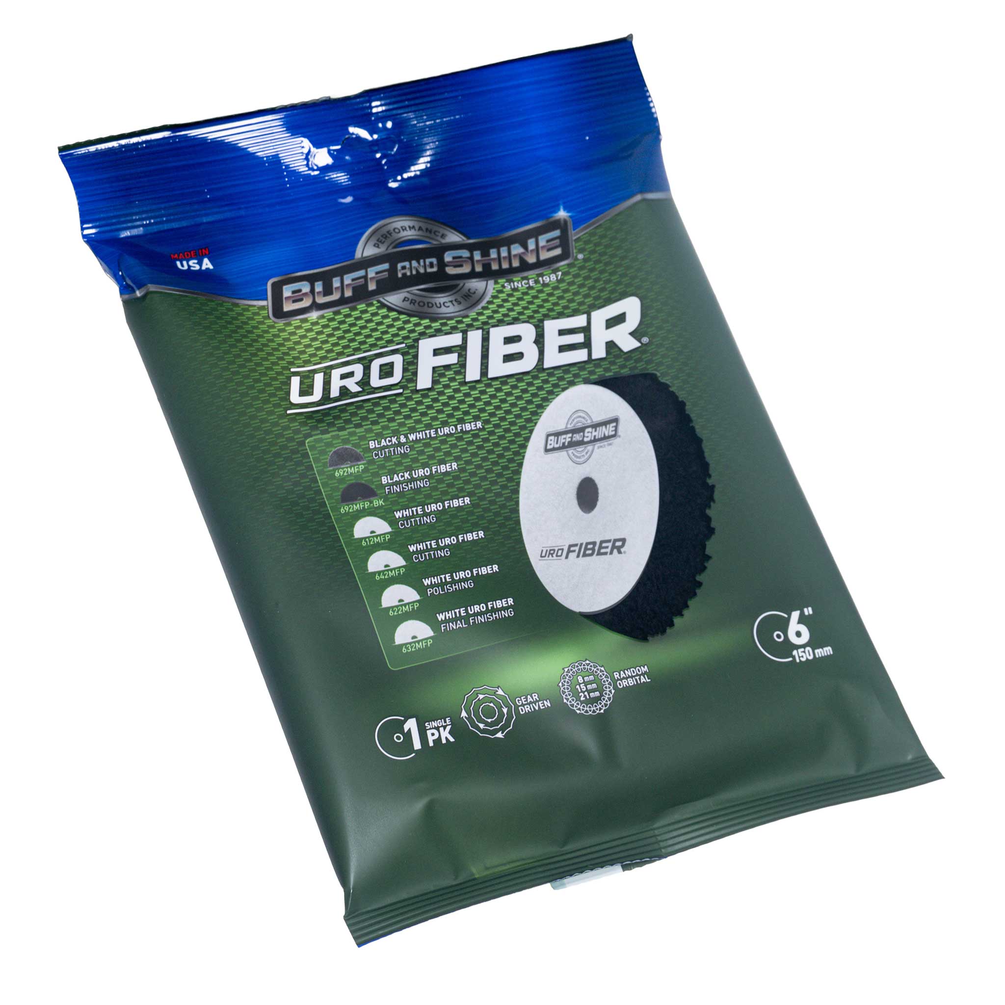 Green and blue package of Uro Fiber with Buff and Shine branding on a white background